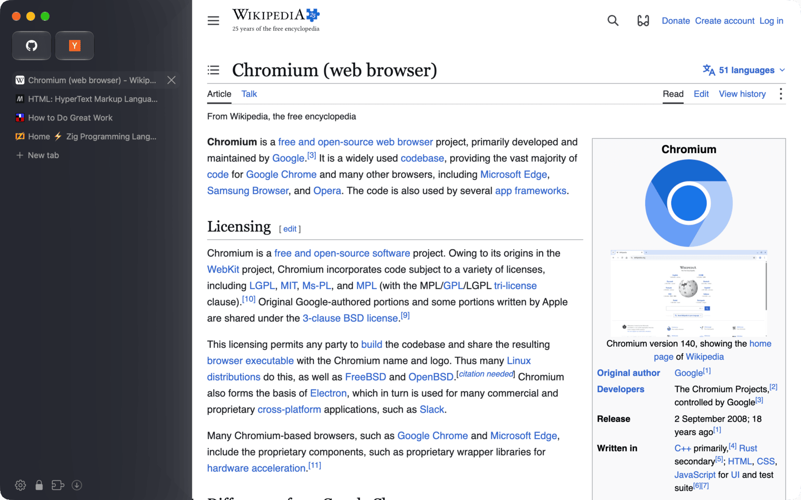 Lynk Browser on macOS: pinned tiles and tabs in a sidebar beside a Wikipedia article.
