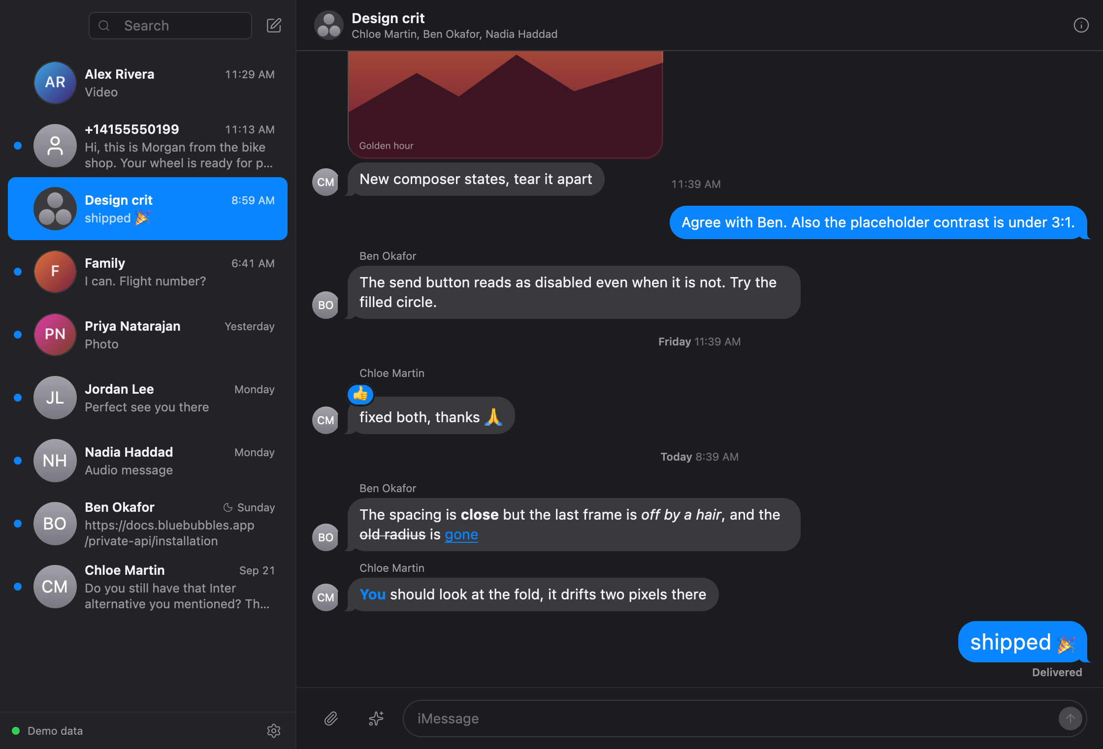 Messages showing a group thread named Design crit, with demo data.