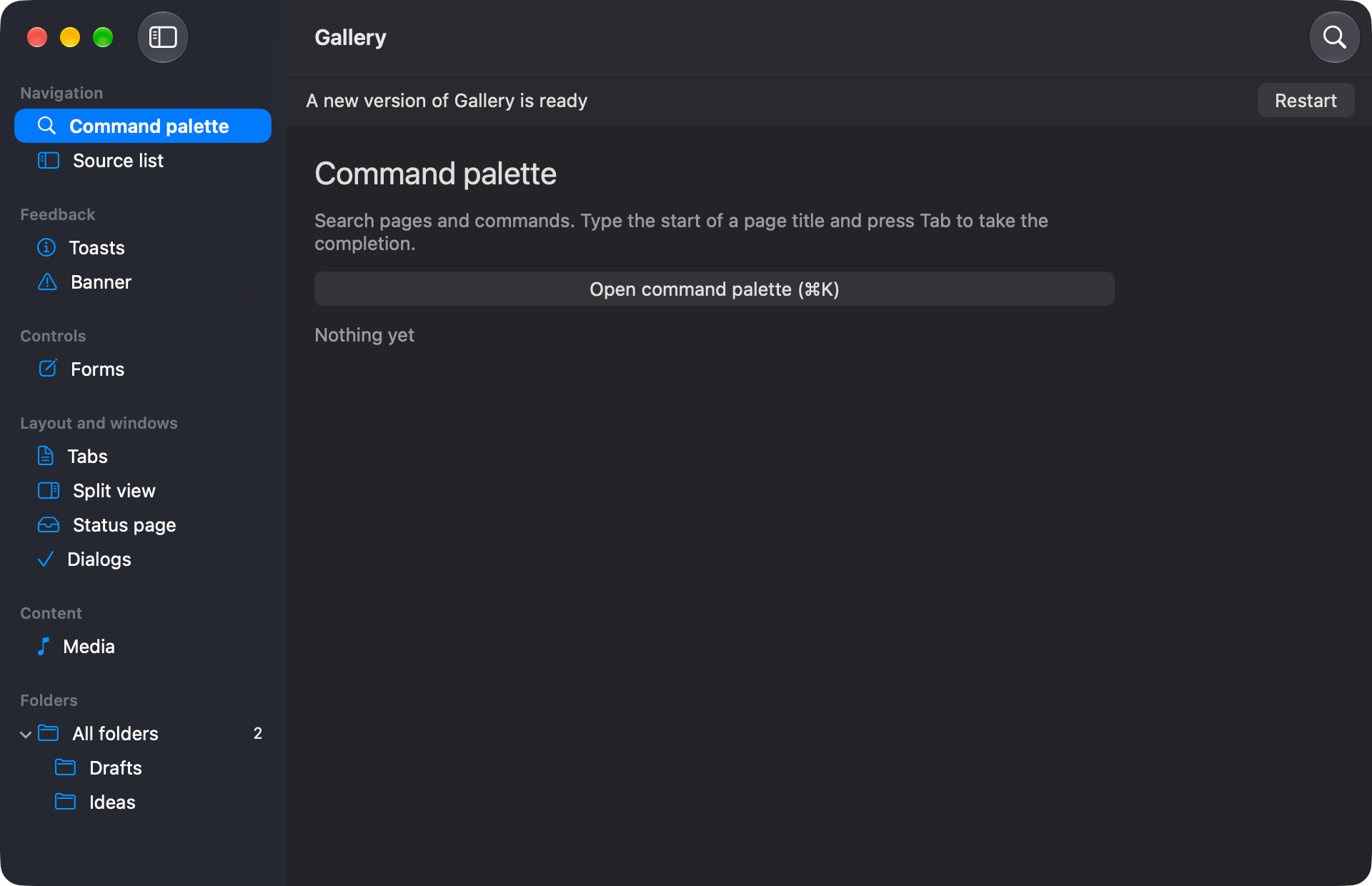 The NativeDesktop gallery example on macOS, with a native sidebar, toolbar and banner.