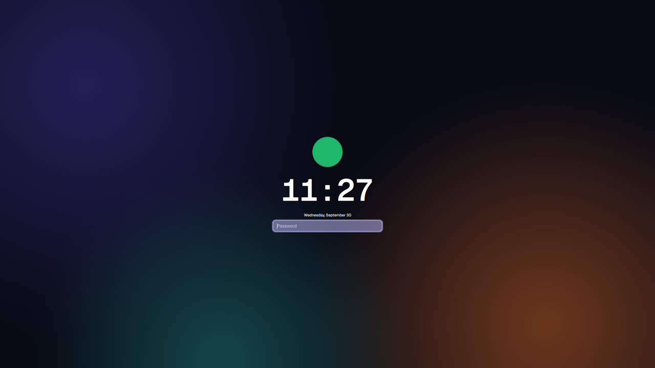 The lock screen: a large clock, the date and a password field over the wallpaper.