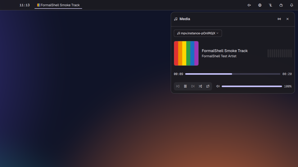 The metamorphosis theme: a dark bar with a rounded Media panel under it showing a track, a progress bar and playback controls.