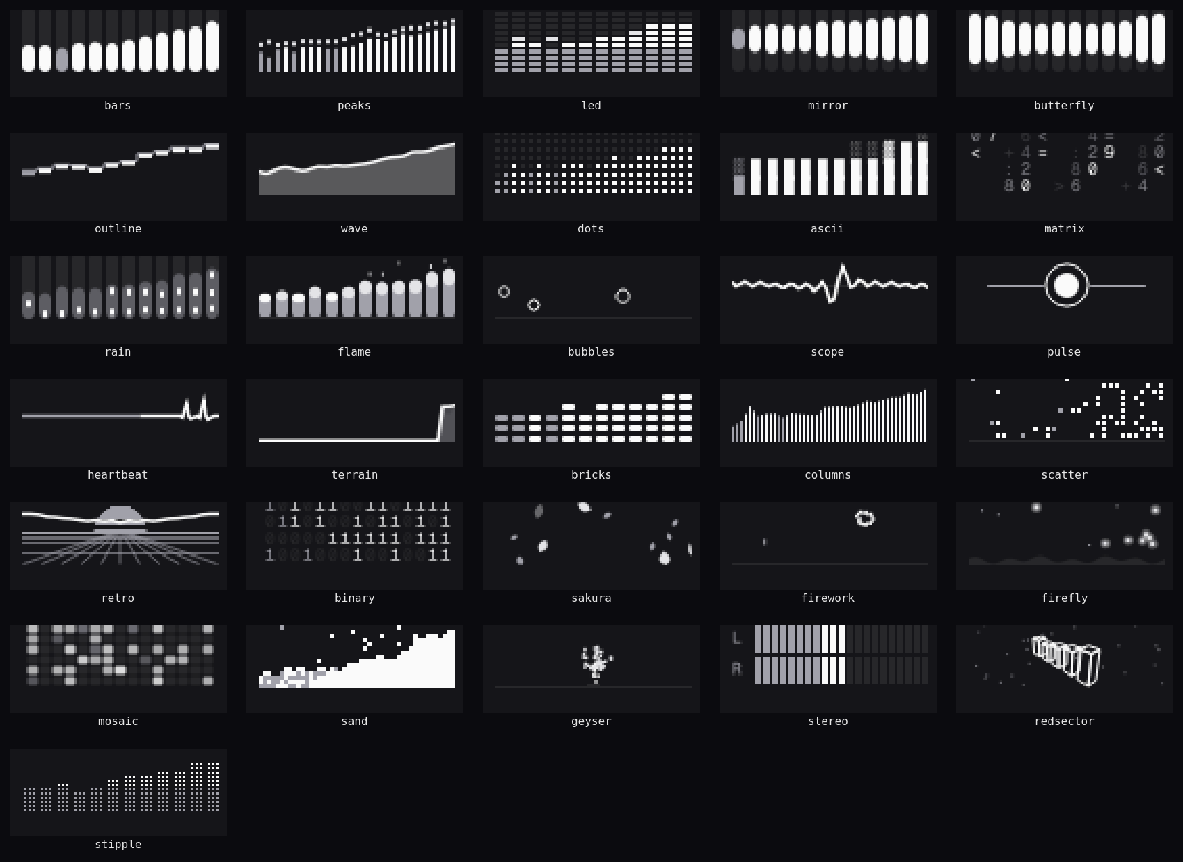 A grid of the 31 visualizer styles, each a small animated graphic with its name beneath: bars, peaks, led, mirror, wave, scope and more.